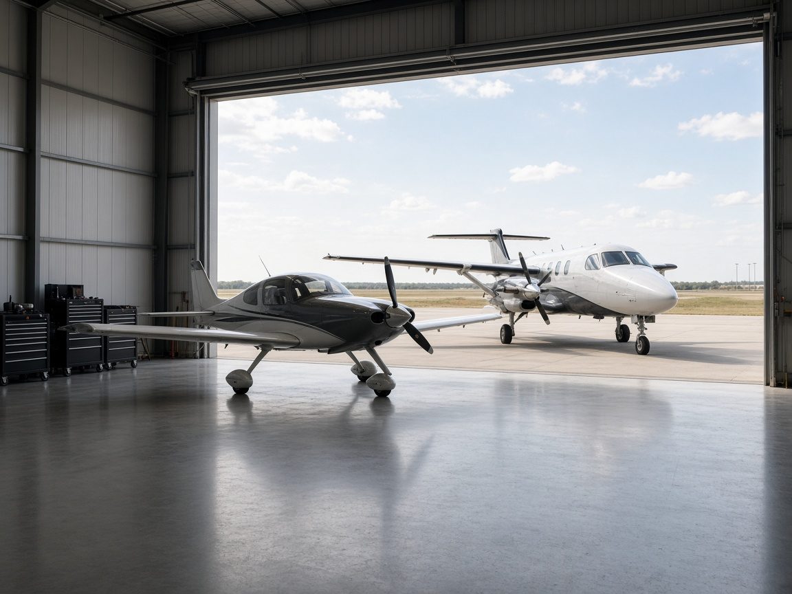 Aircraft parked in an open hangar