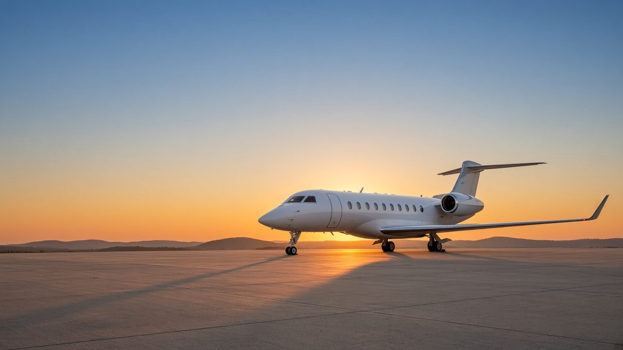 Business jet parked on a Texas ramp at sunset